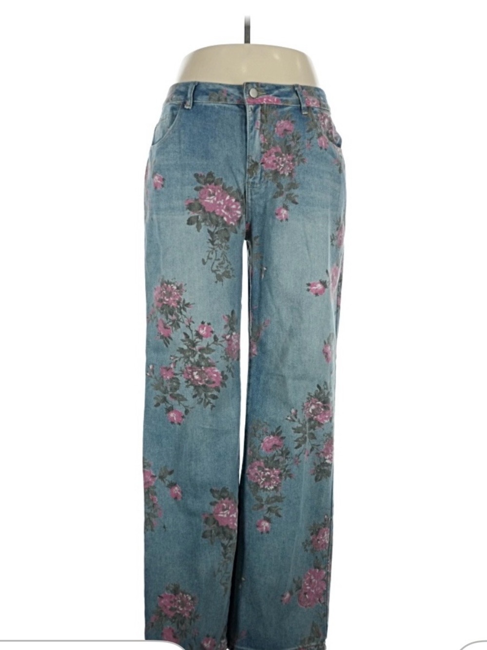 Women’s Floral Print Wide-Leg Jeans - Pink on Light Blue